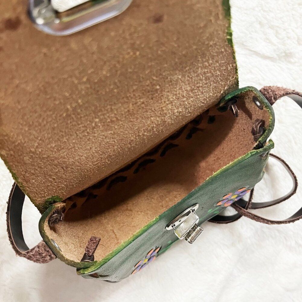 Made in Mexico Green Leather Floral Colorful Tooled Mini Crossbody Bag - Picture 11 of 15
